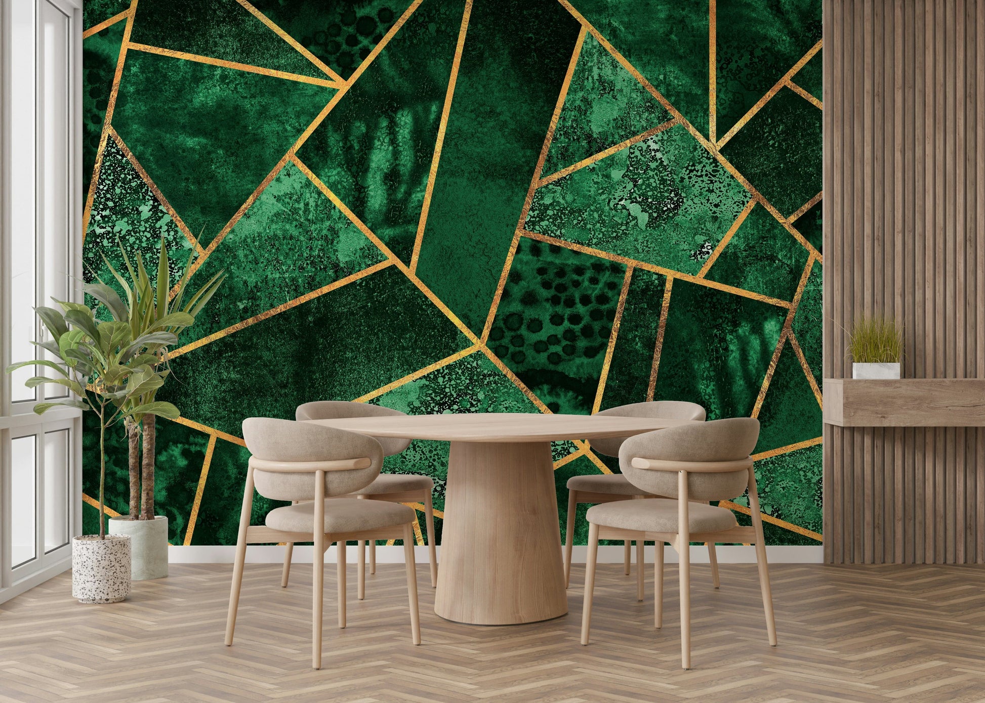 A graceful subtle geometric wall mural in rich, green tones.

