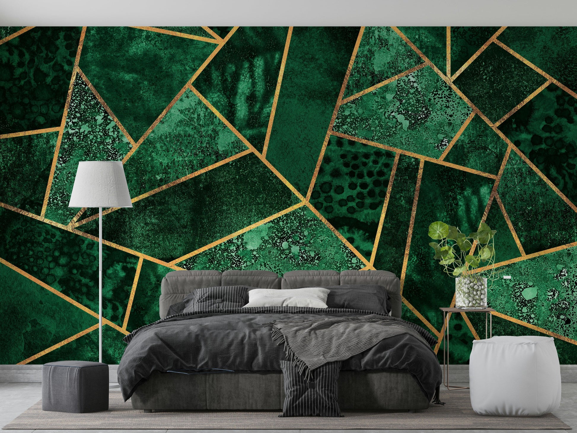 An artistic green geometric mural on luxury wallpaper.

