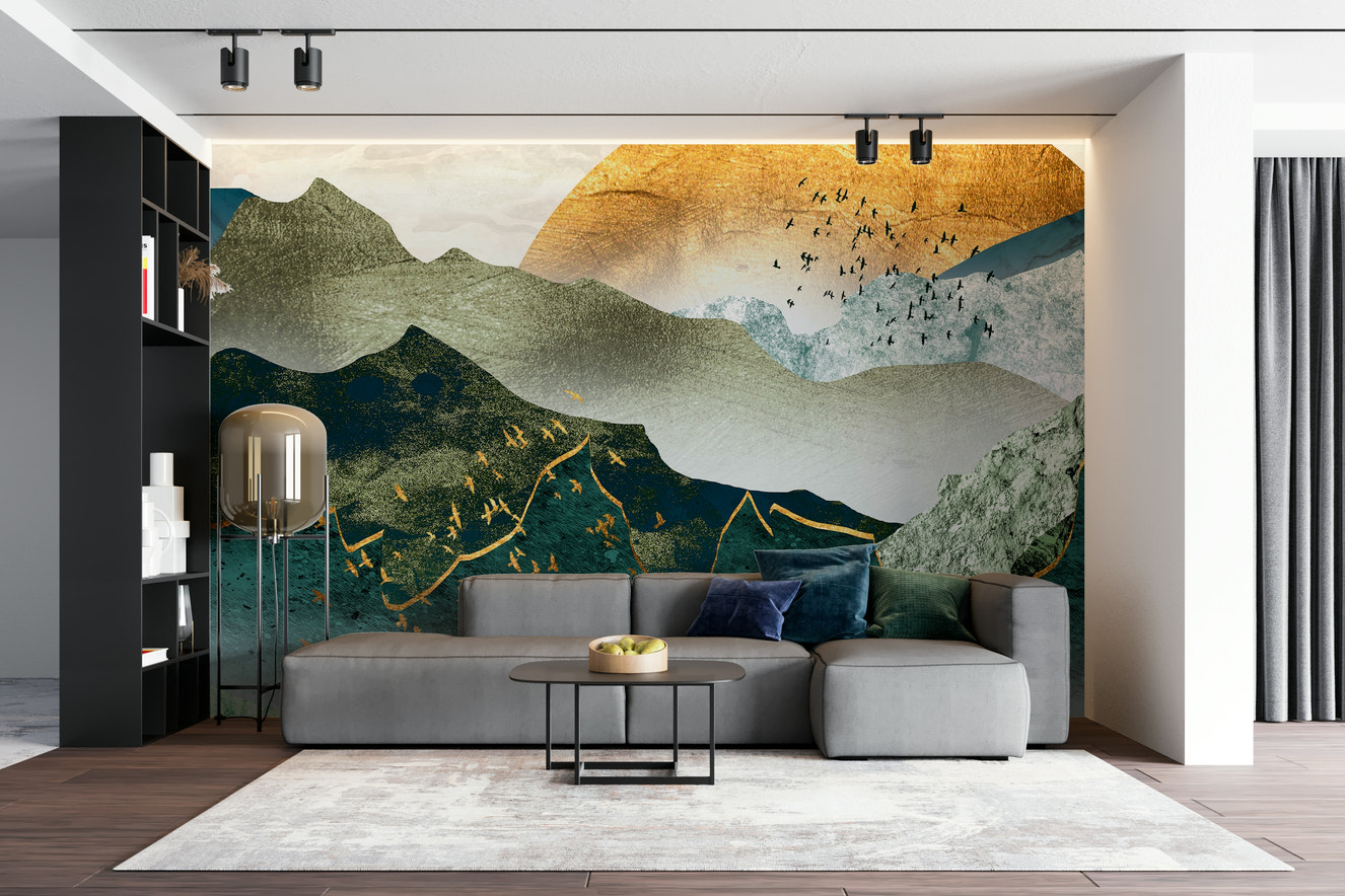 Green Golden Mountains Sunset Wallpaper – Scenic Wall Mural