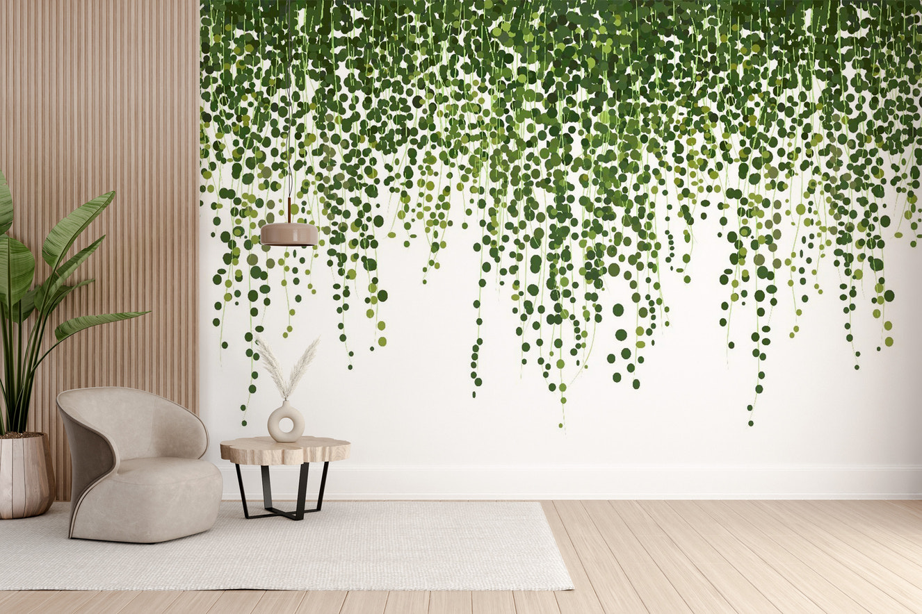Lush green hanging ivy wallpaper design mural
