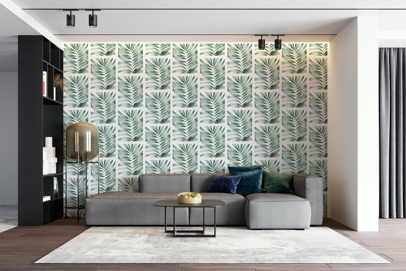A peaceful wall mural with a modern botanical pattern.

