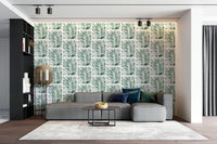 A peaceful wall mural with a modern botanical pattern.

