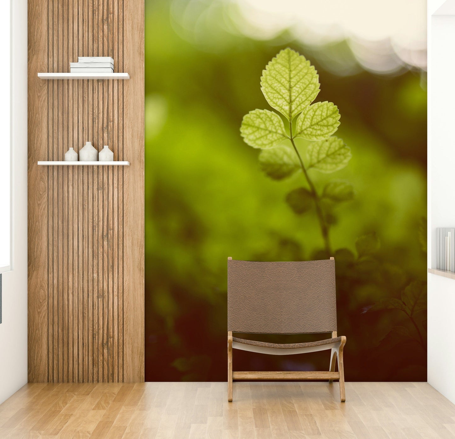 A peaceful organic green mural on decorative wallpaper.

