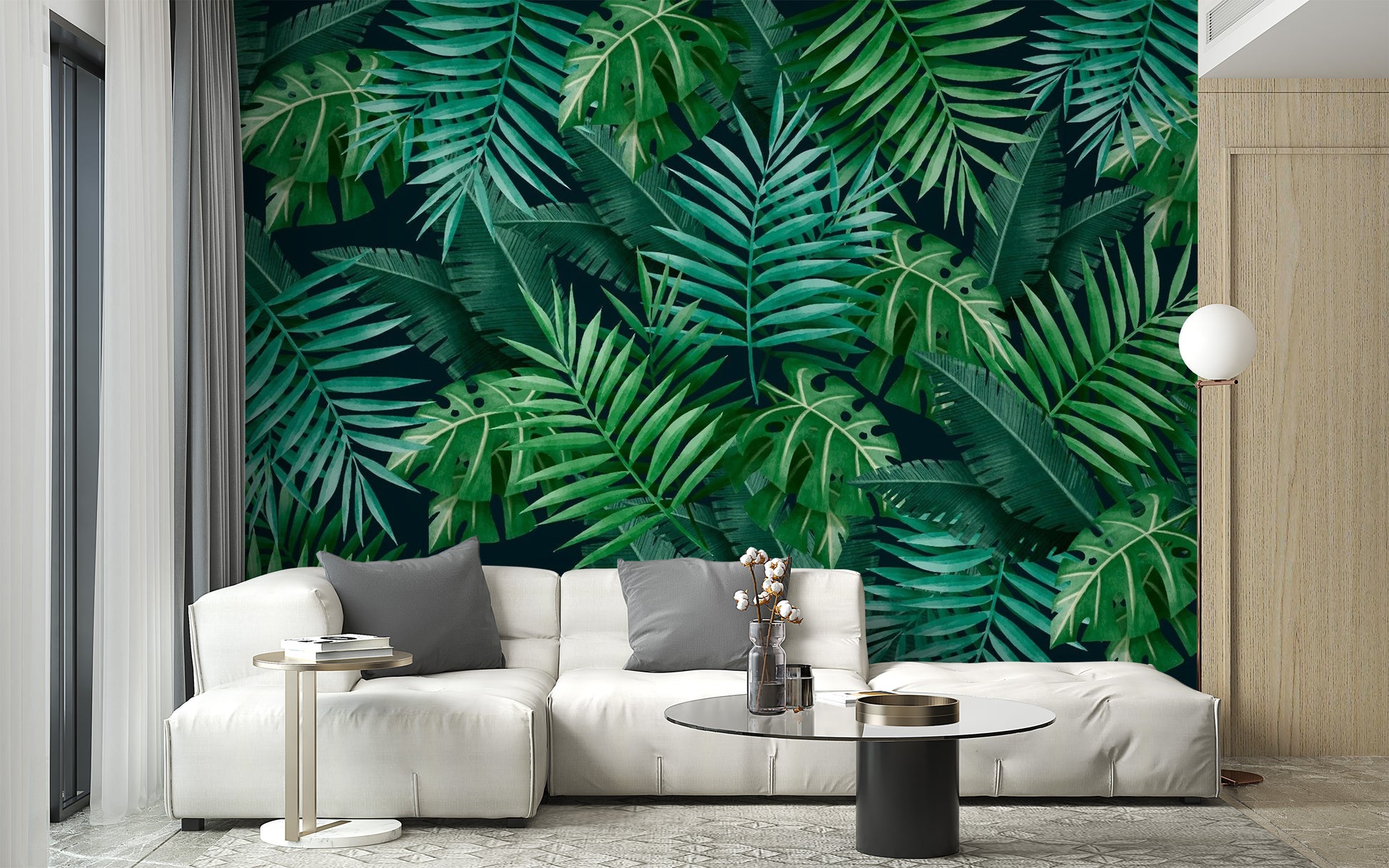Green Leaves wallpaper mural styled along a hallway feature wall near a console in green tones