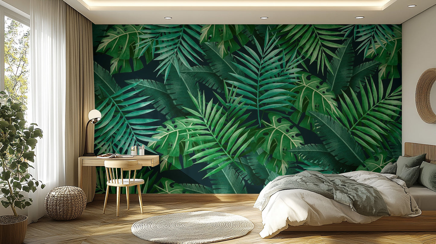 Green Leaves wallpaper mural as a bedroom feature wall behind the headboard in green tones