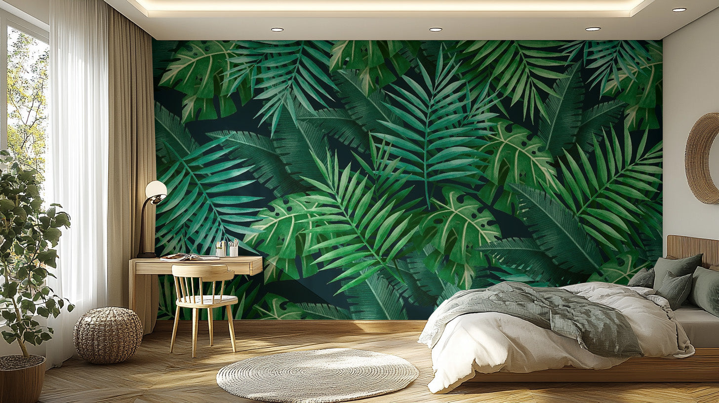 Green Leaves wallpaper mural as a bedroom feature wall behind the headboard in green tones