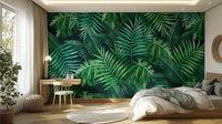 Green Leaves wallpaper mural as a bedroom feature wall behind the headboard in green tones