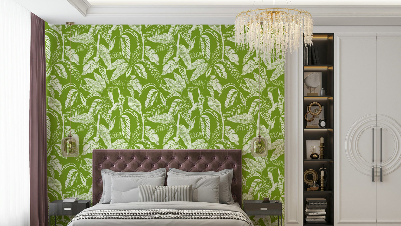 An interior with a lush and refreshing accent wall

