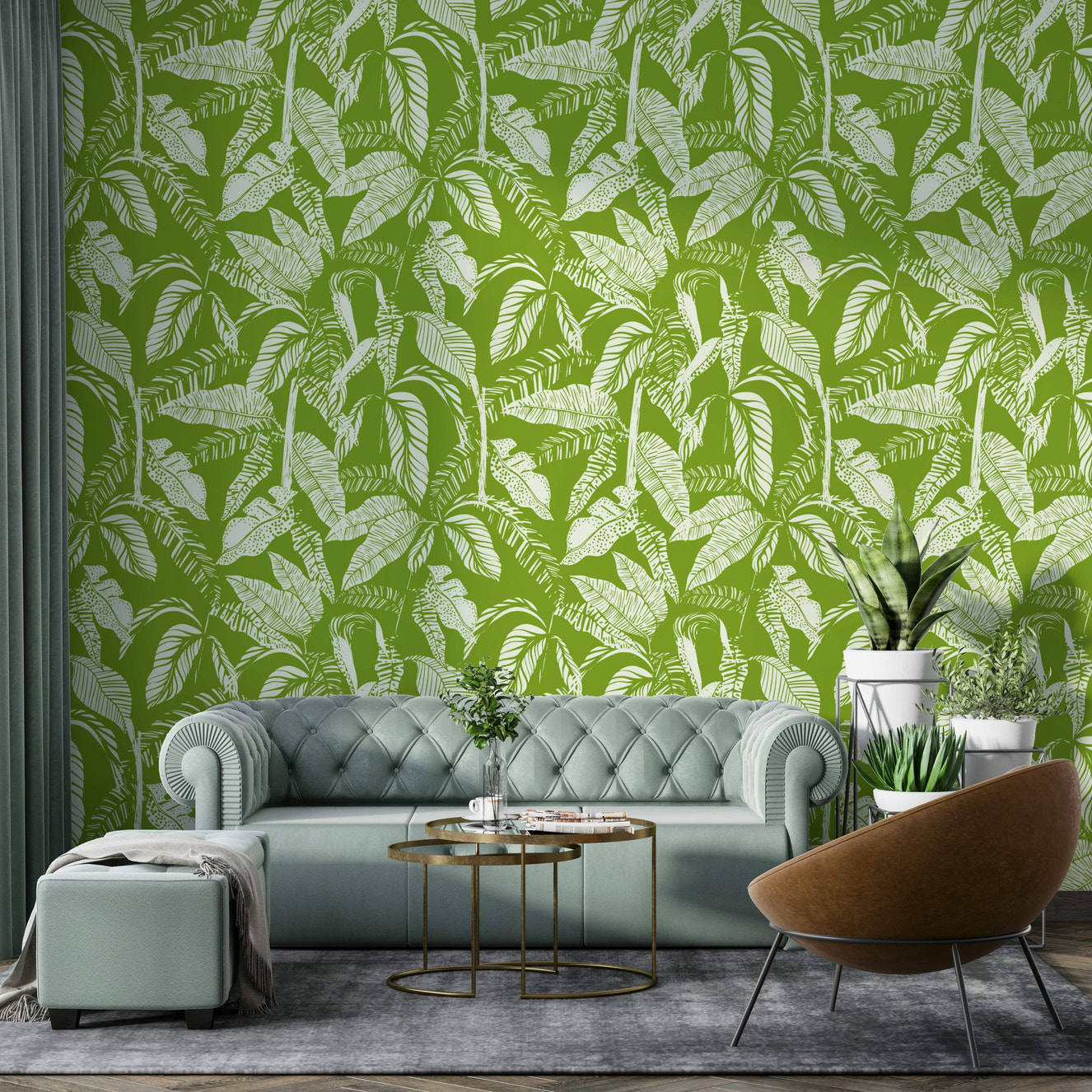 Lime green palm leaf wallpaper for a modern living room.
