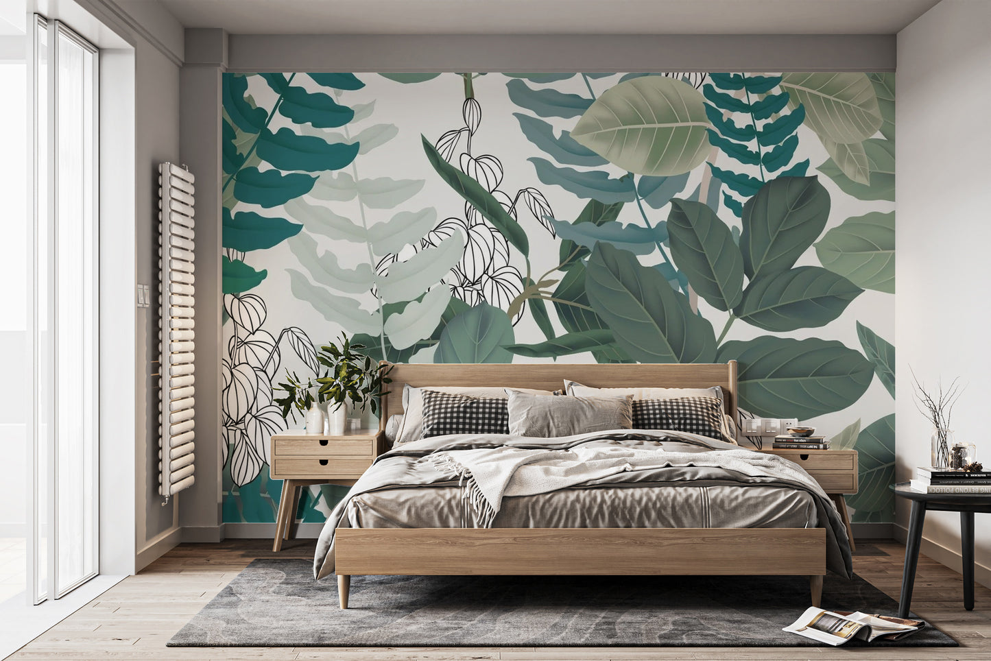 Abstract Green Leaves wallpaper mural styled along a hallway feature wall near a console in green tones