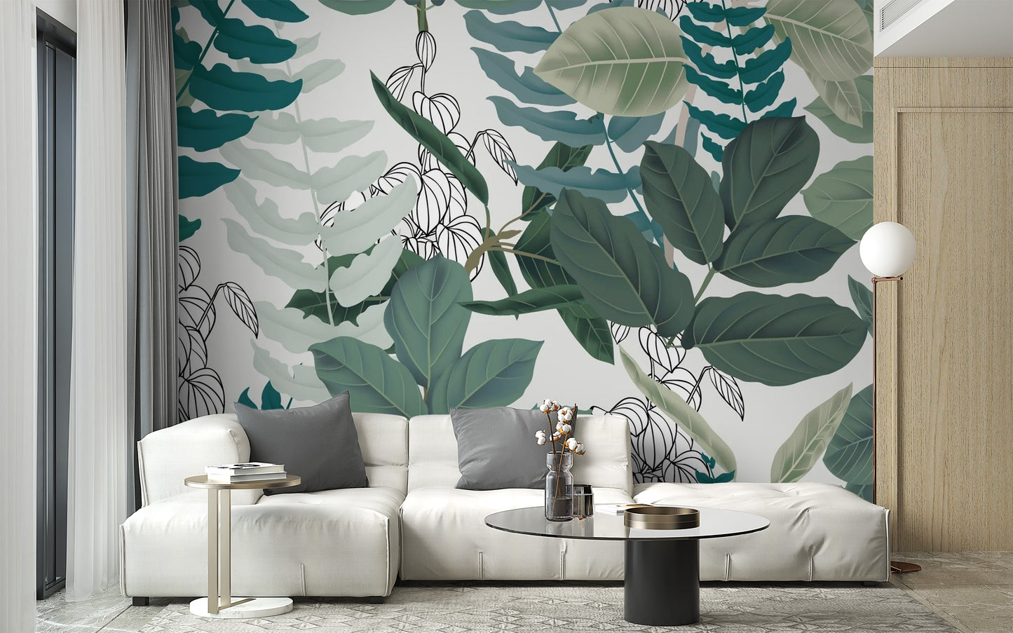 Abstract Green Leaves wallpaper mural as a feature wall in a home office workspace in green tones