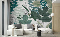 Abstract Green Leaves wallpaper mural as a feature wall in a home office workspace in green tones