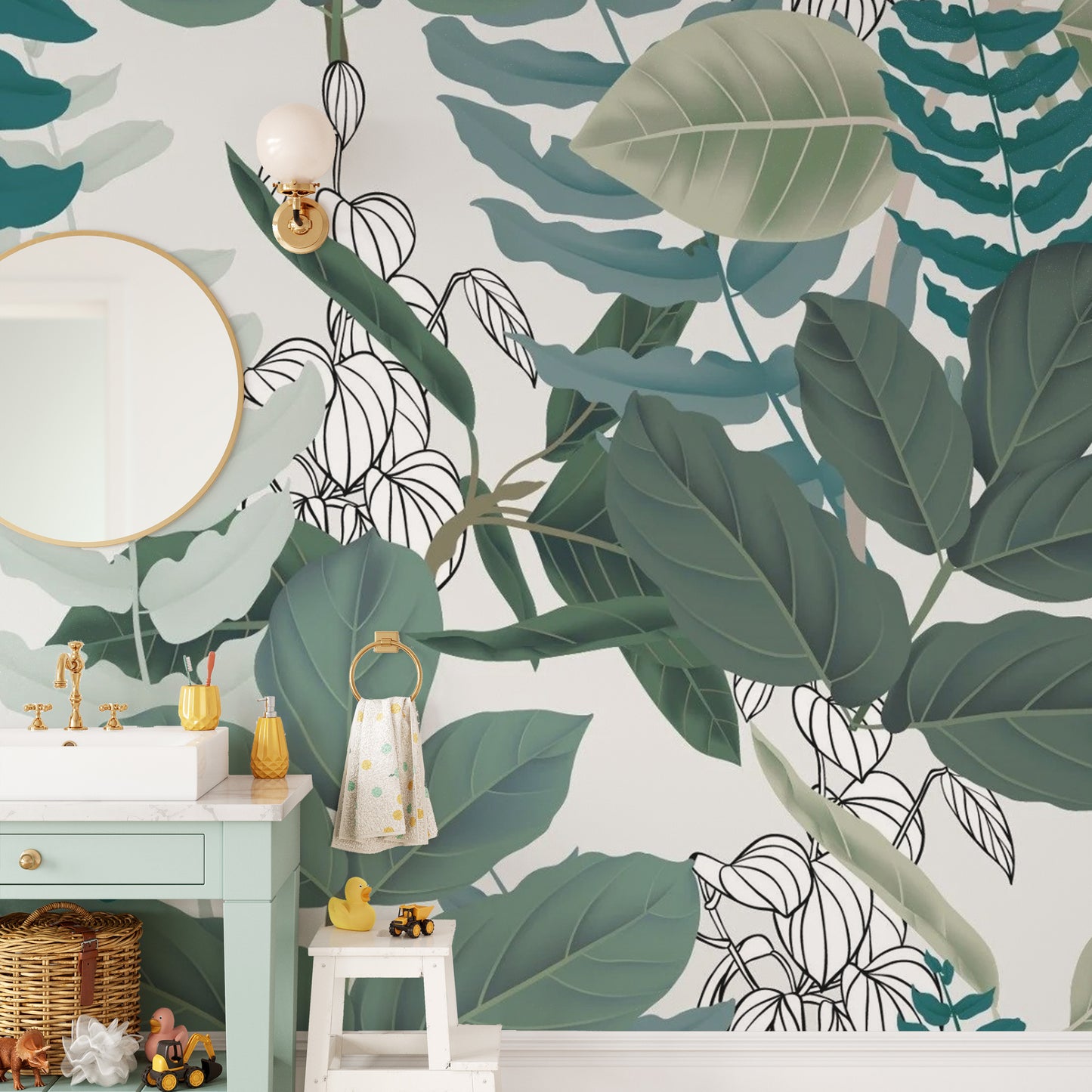 Abstract Green Leaves wallpaper mural styled as a feature wall behind a dining table and chairs in green tones