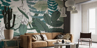Abstract Green Leaves wallpaper mural as a bedroom feature wall behind the headboard in green tones
