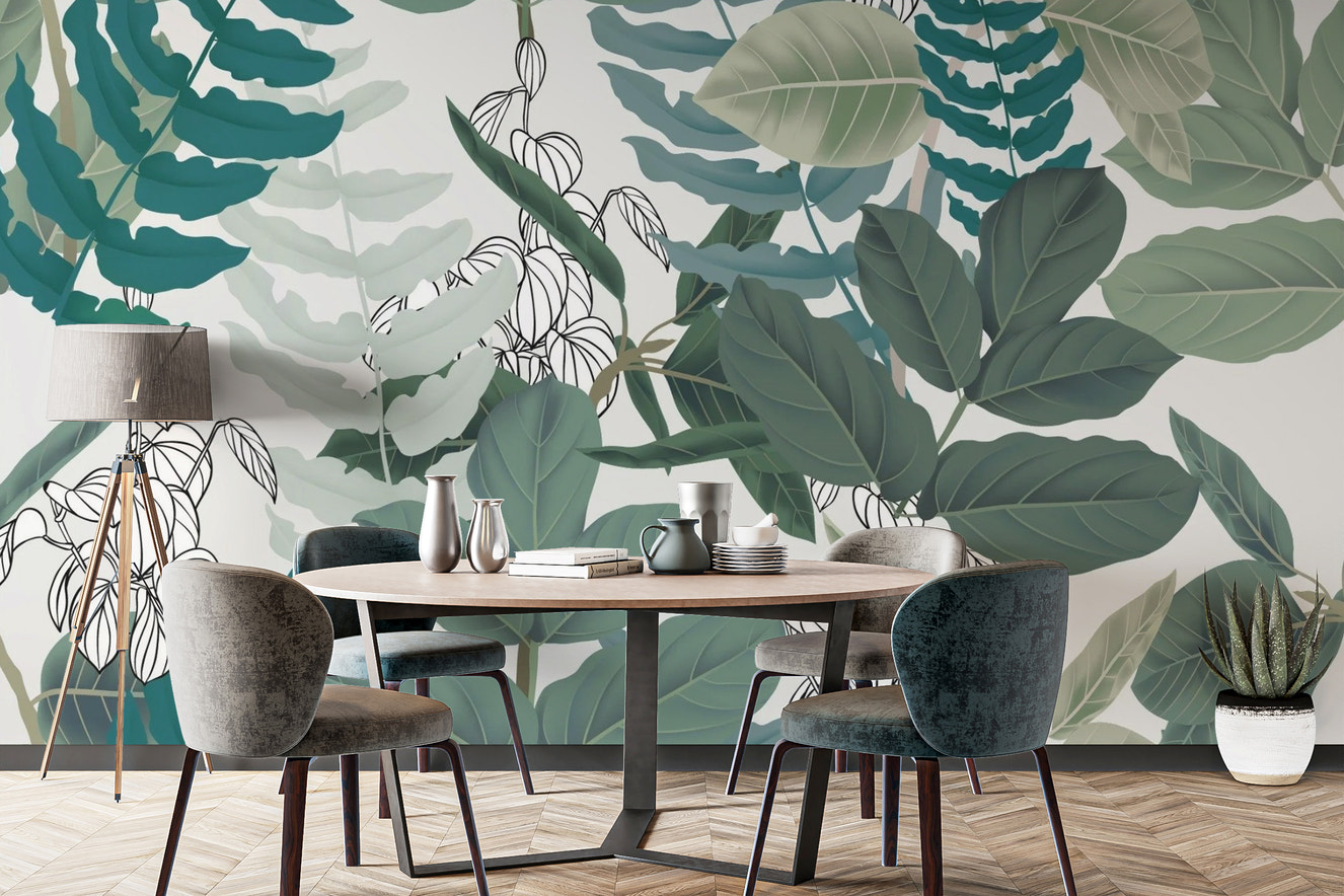 Green and white botanical wall mural for dining area
