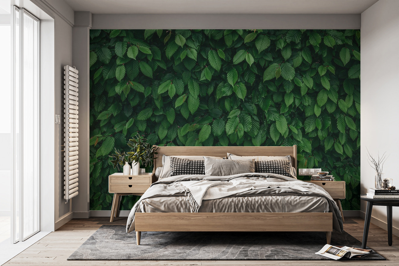 Jungle-themed mural with tropical leaves

