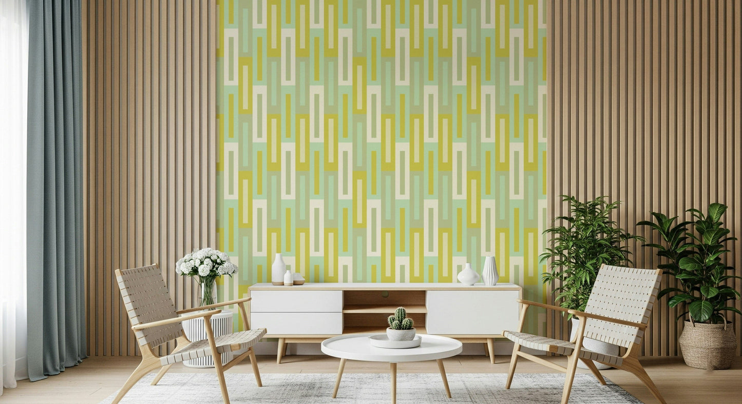 Maze of Greens Wallpaper with intricate green geometric patterns for stylish wall decor.