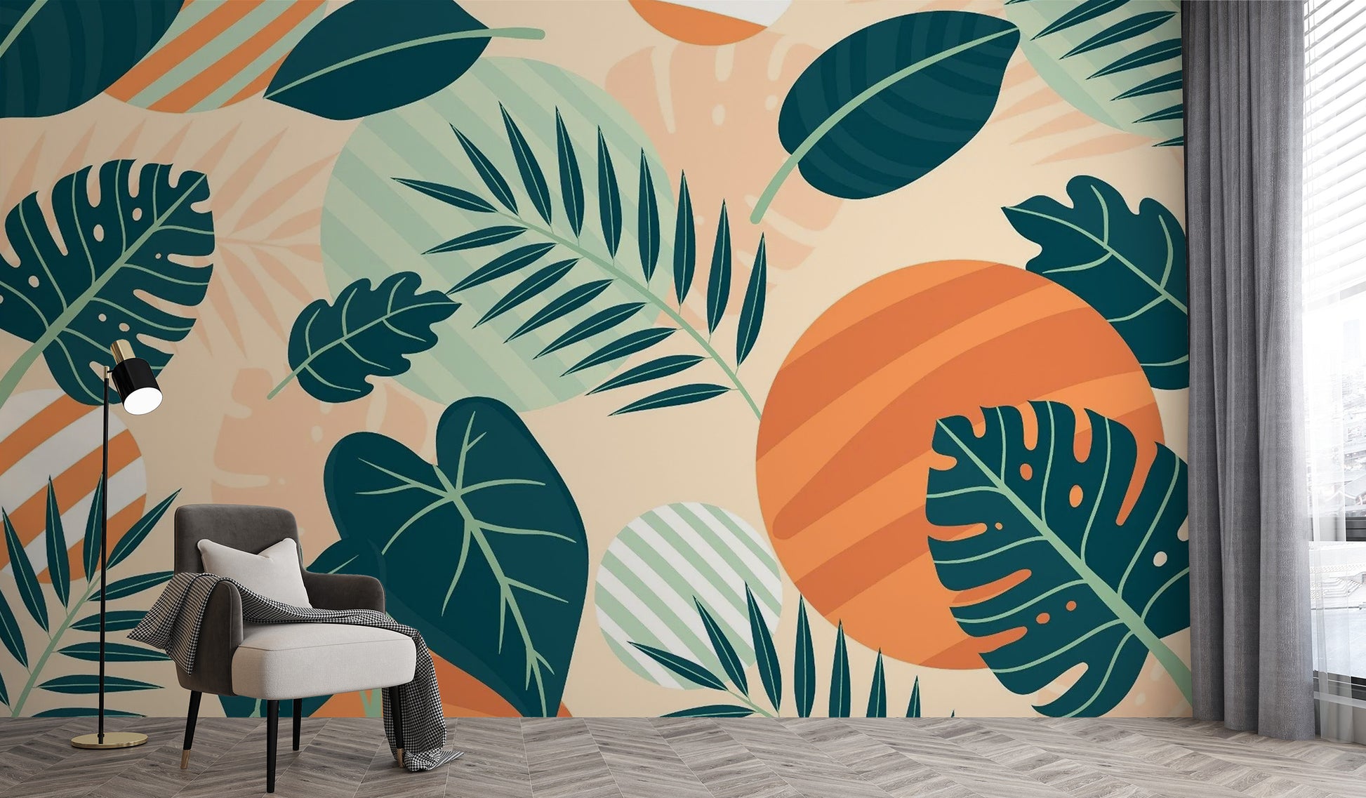 Green Orange Beige Leaves Wallpaper Mural - Giffywalls