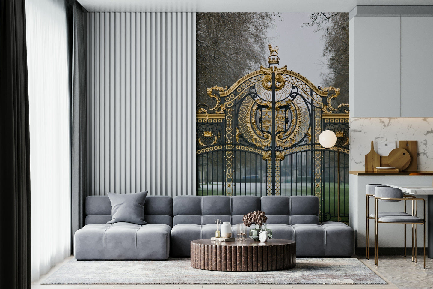 Green Park Gate Wall Mural providing a calm backdrop for a home workspace.