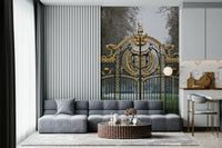 Green Park Gate Wall Mural providing a calm backdrop for a home workspace.