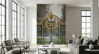 Architectural garden mural in a bright apartment bedroom with white linens.