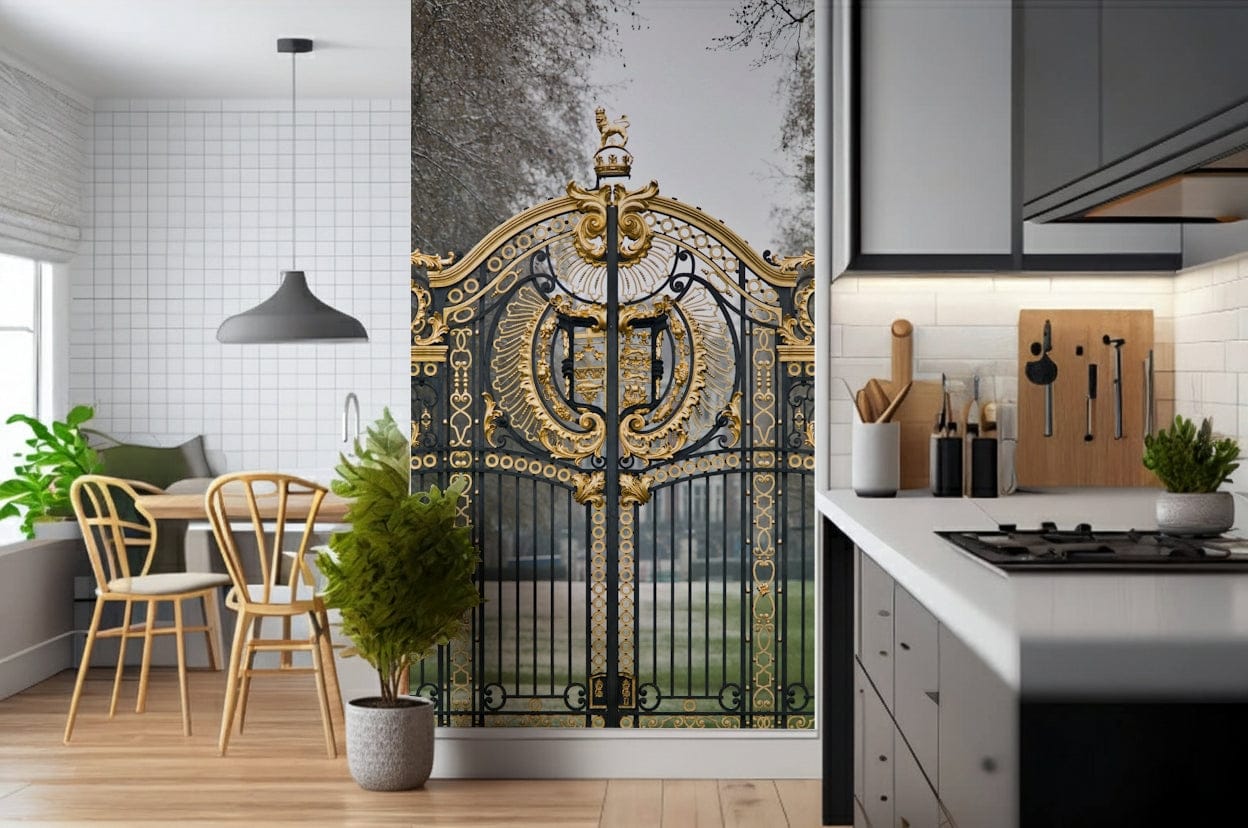 Hallway wall decor featuring a realistic garden gate and green trees.