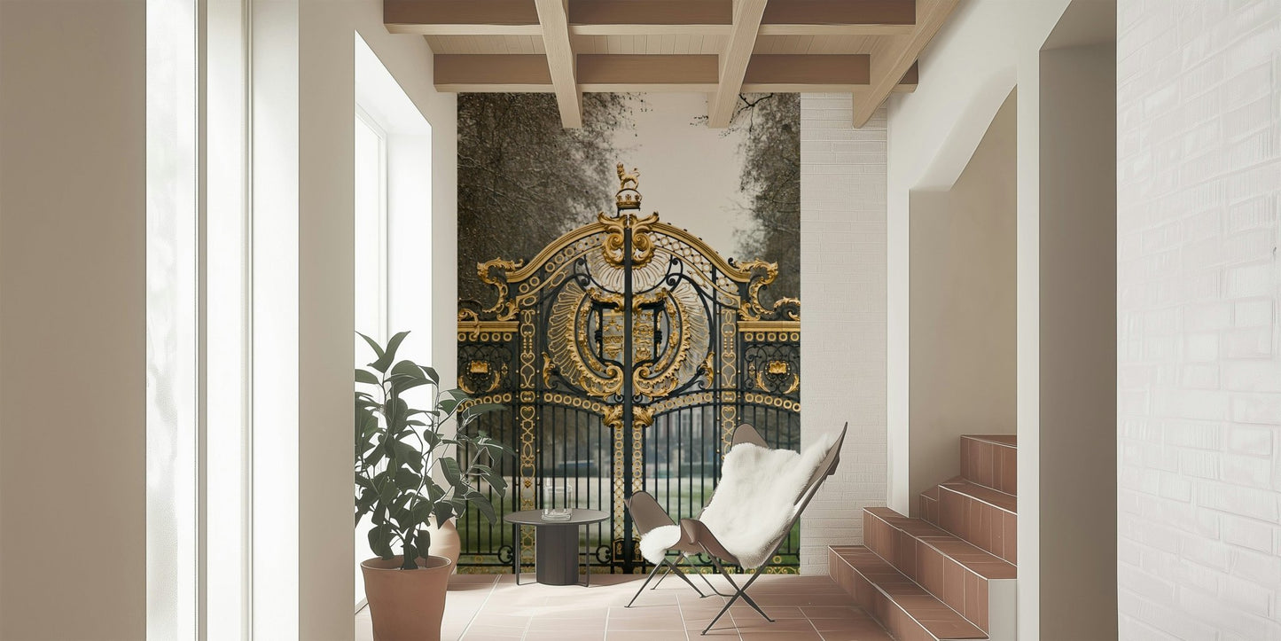 Modern studio styling using a large park mural in natural green colors.