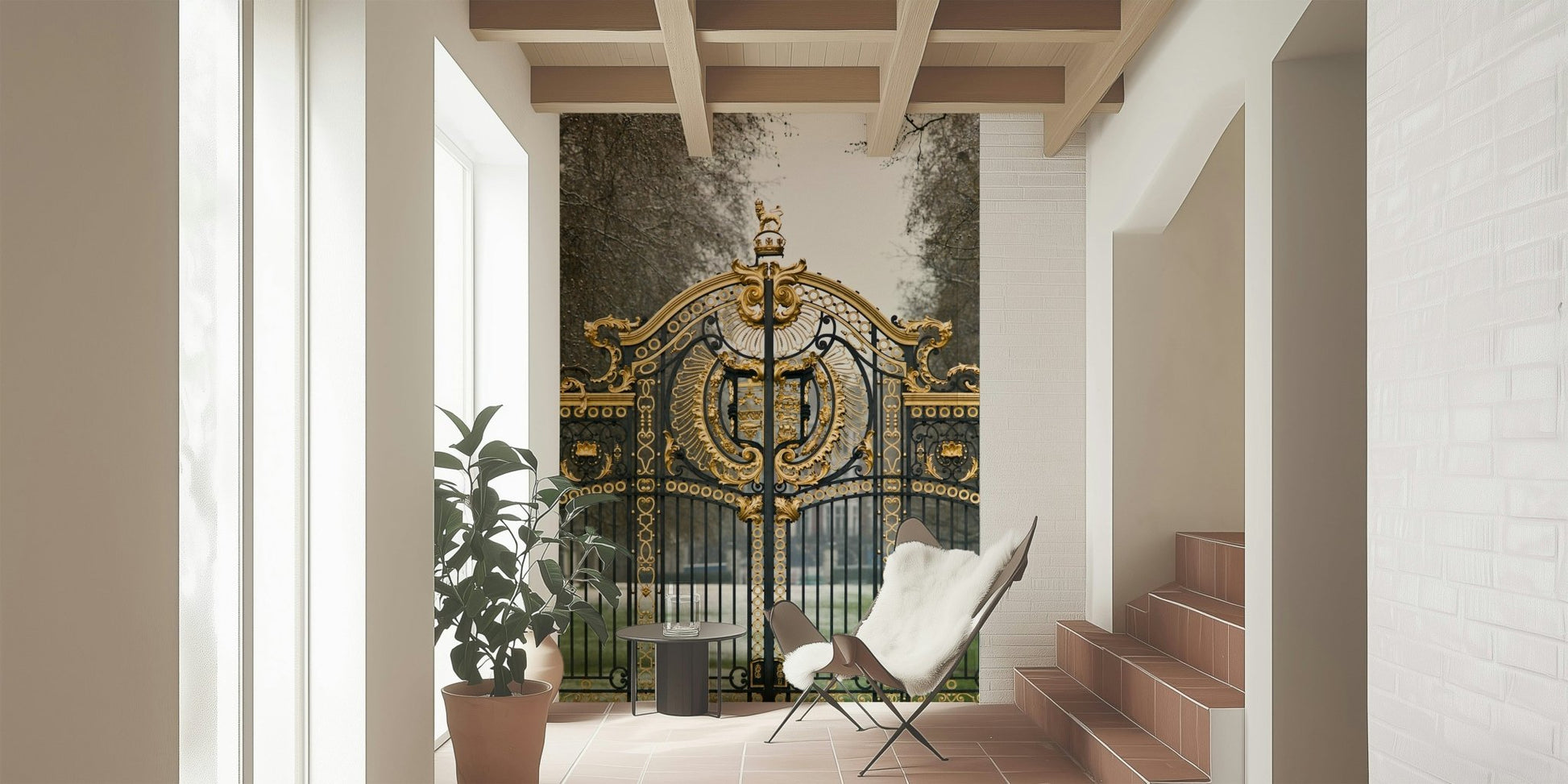 Modern studio styling using a large park mural in natural green colors.