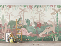 Green & Pink Color Dinosaurs Enjoying wallpaper mural styled along a hallway feature wall near a console