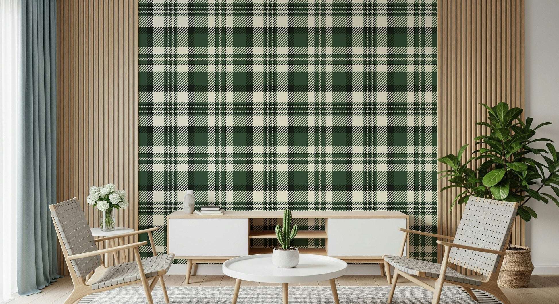 Sleek plaid wallpaper in green shades perfect for accent walls or full room decor.