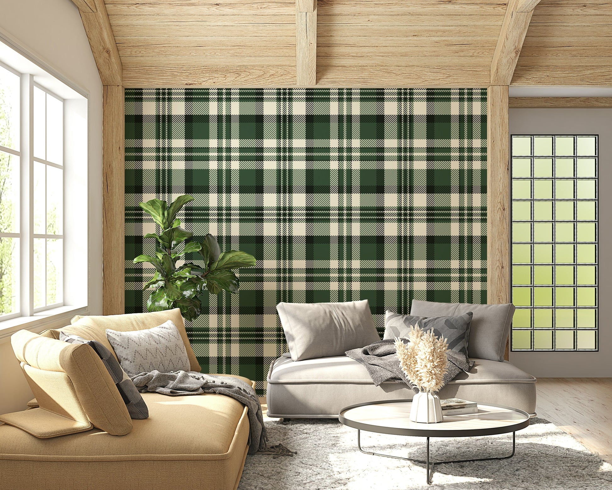 Contemporary green plaid wall covering for stylish bedrooms or living rooms.