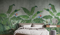 Green Plantains & Parrots Wallpaper Mural - Giffywalls