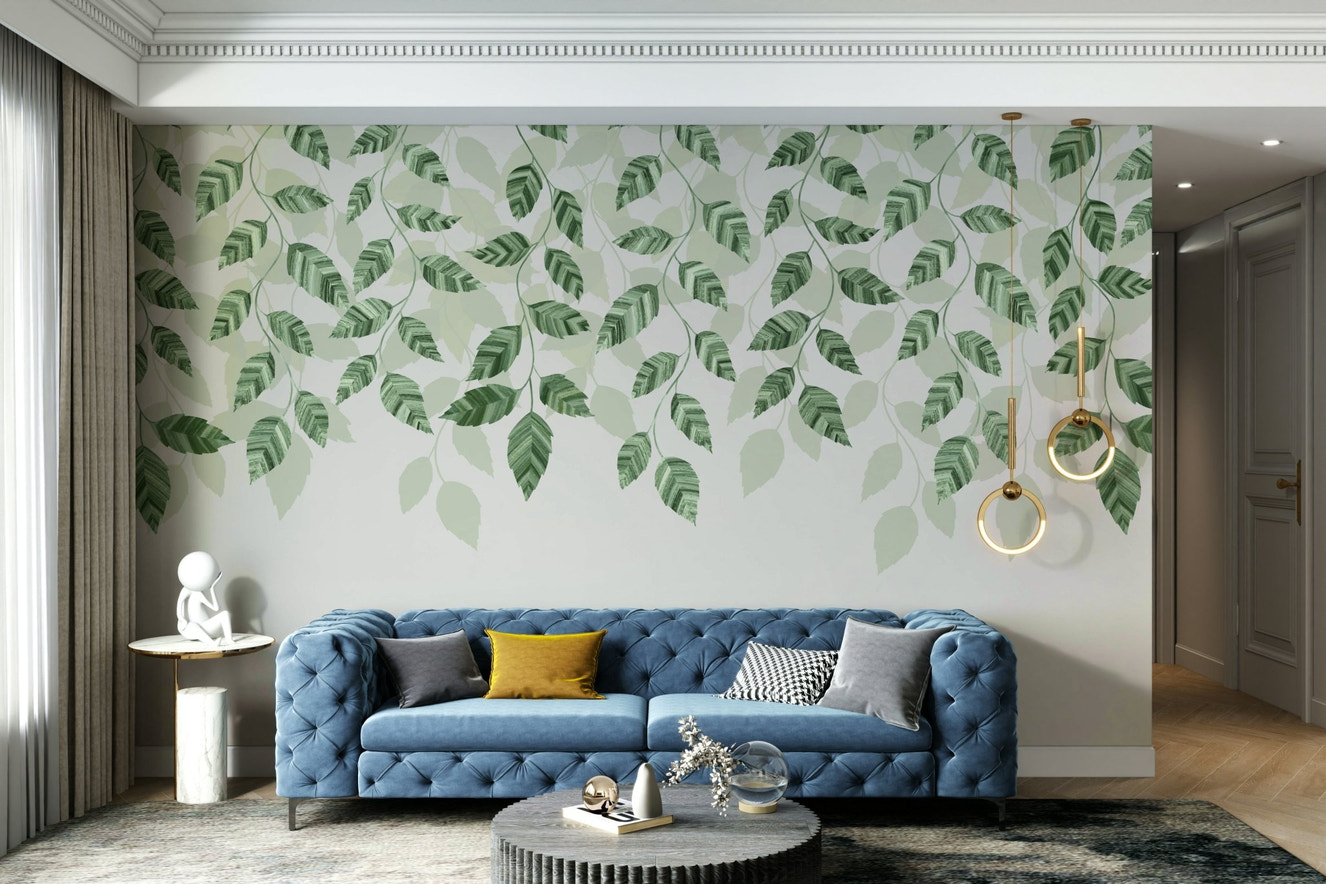 A wall mural of a peaceful botanical pattern.

