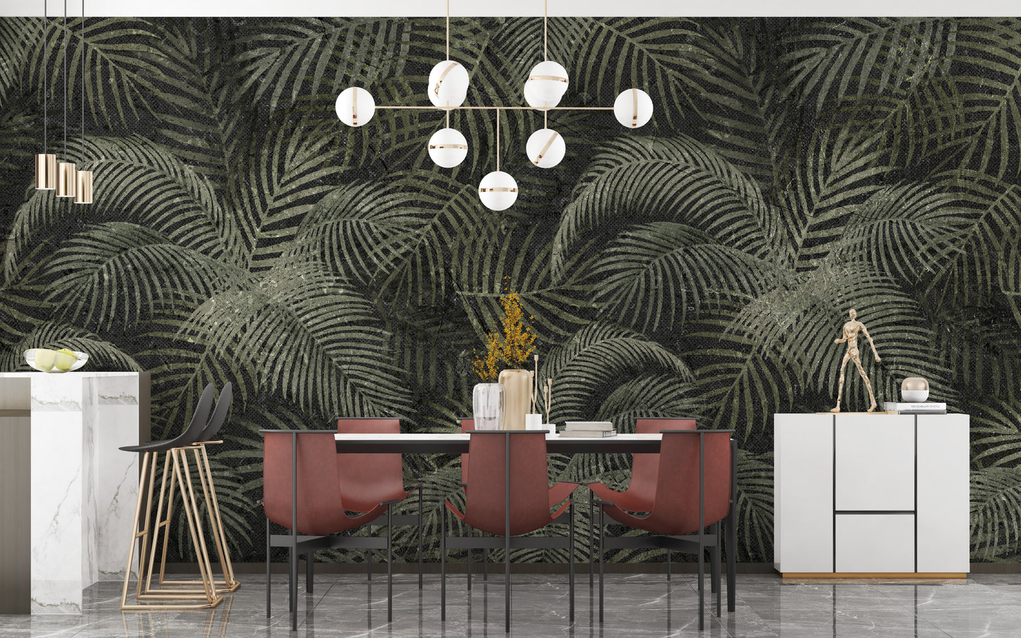 Green Rustic Tropical Palms wallpaper mural close-up showing the pattern detail and texture