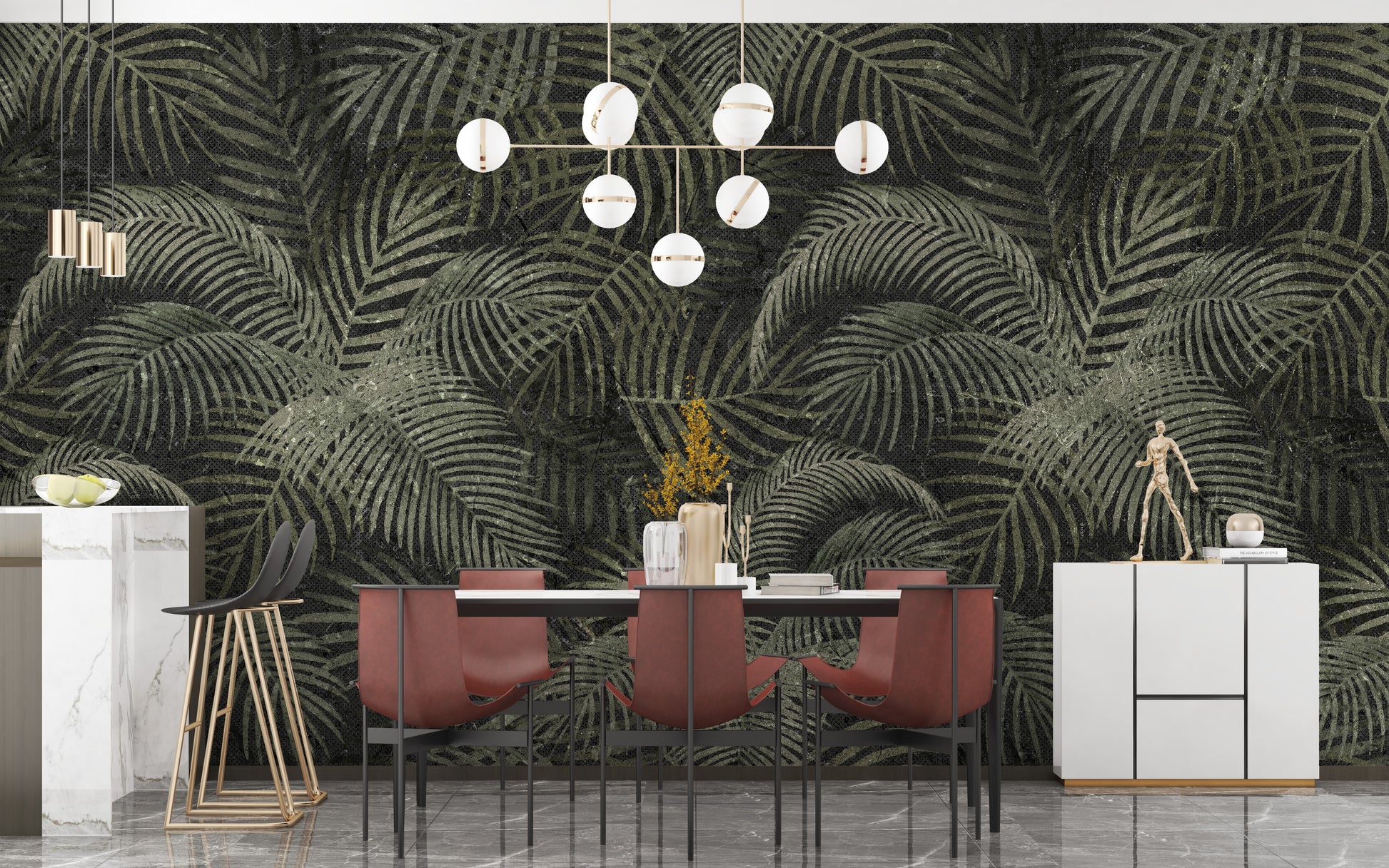 Green Rustic Tropical Palms wallpaper mural close-up showing the pattern detail and texture