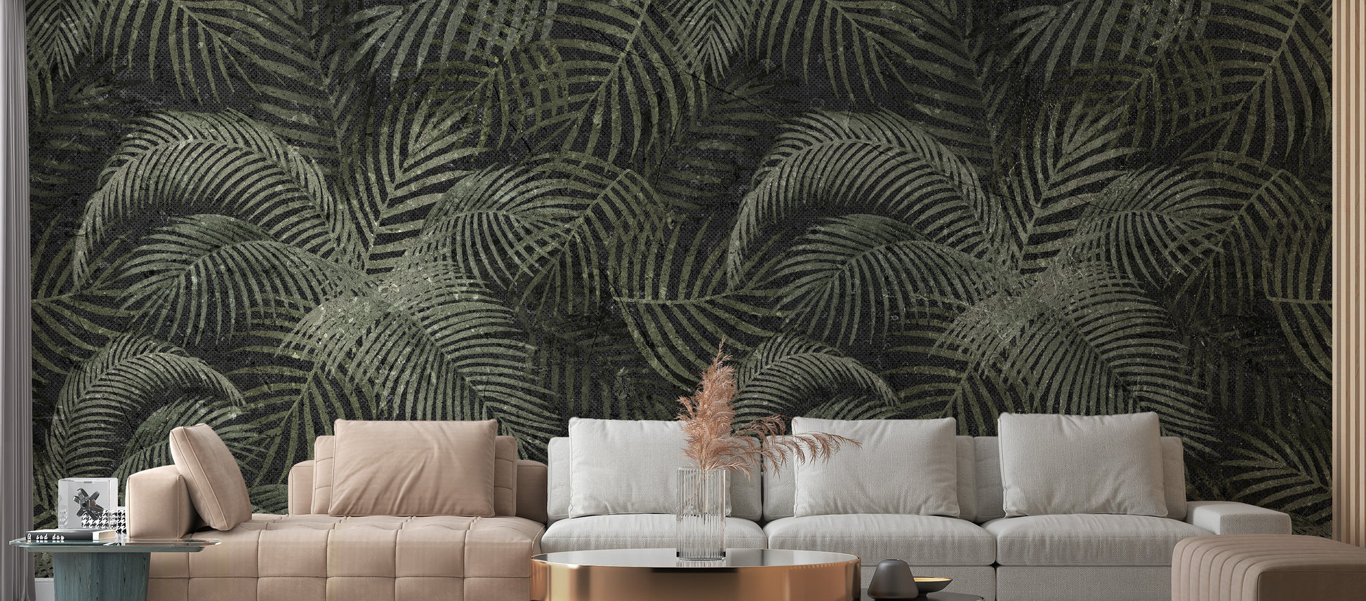 Green Rustic Tropical Palms wallpaper mural shown as a full feature wall that highlights the design