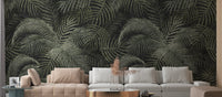 Green Rustic Tropical Palms wallpaper mural shown as a full feature wall that highlights the design