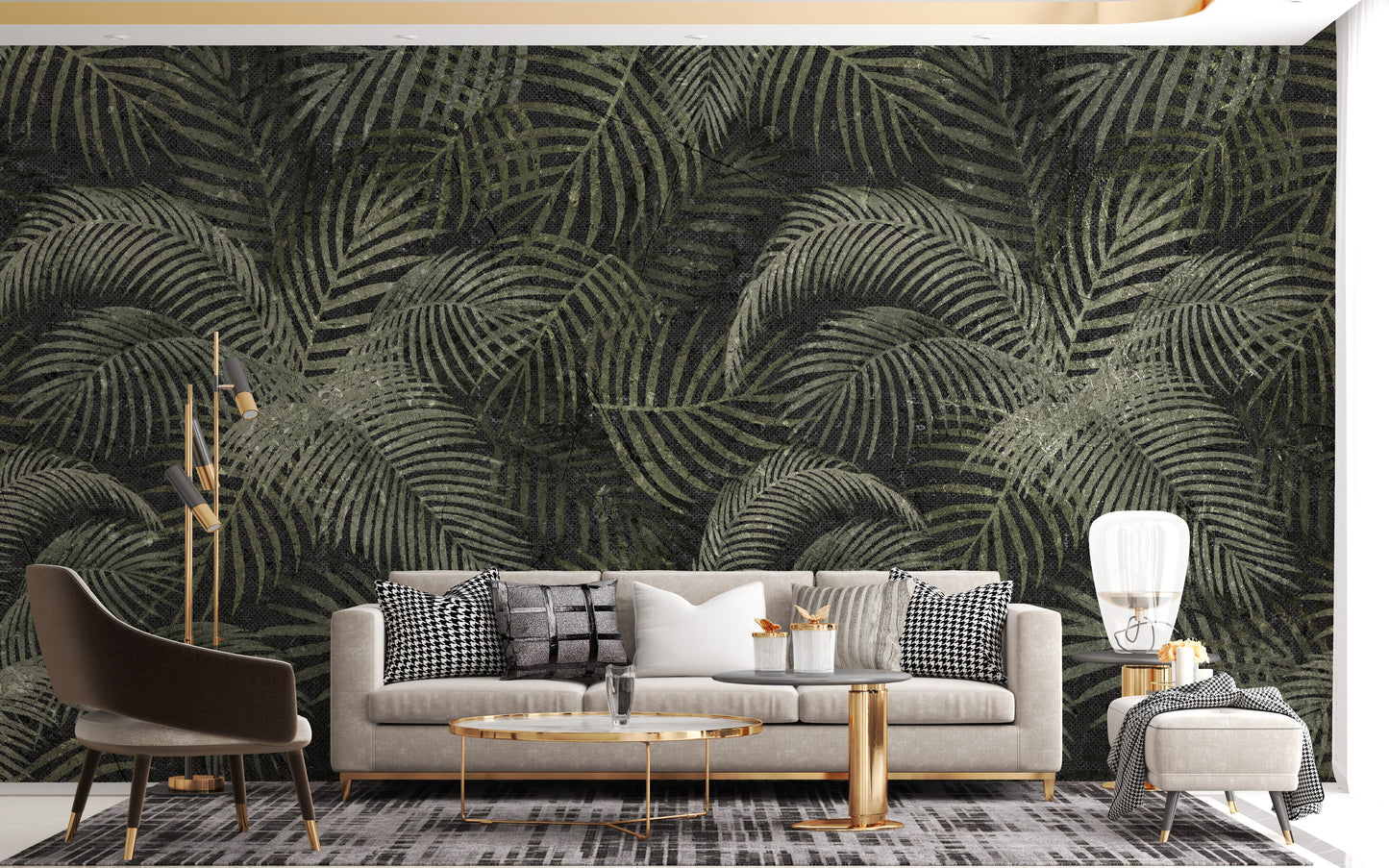 Green Rustic Tropical Palms wallpaper mural styled along a hallway feature wall near a console in green tones