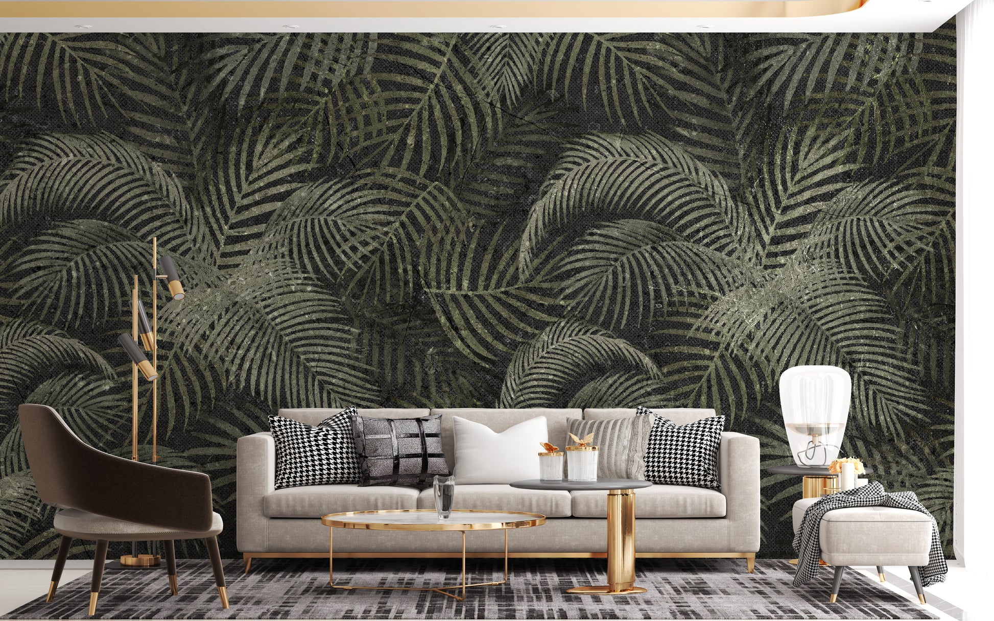 Green Rustic Tropical Palms wallpaper mural styled along a hallway feature wall near a console in green tones