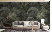 Green Rustic Tropical Palms wallpaper mural styled along a hallway feature wall near a console in green tones