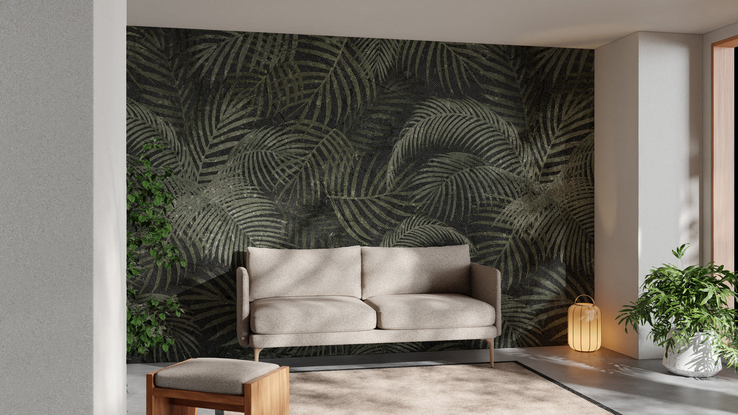 Green Rustic Tropical Palms wallpaper mural as a feature wall in a home office workspace in green tones