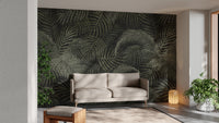 Green Rustic Tropical Palms wallpaper mural as a feature wall in a home office workspace in green tones