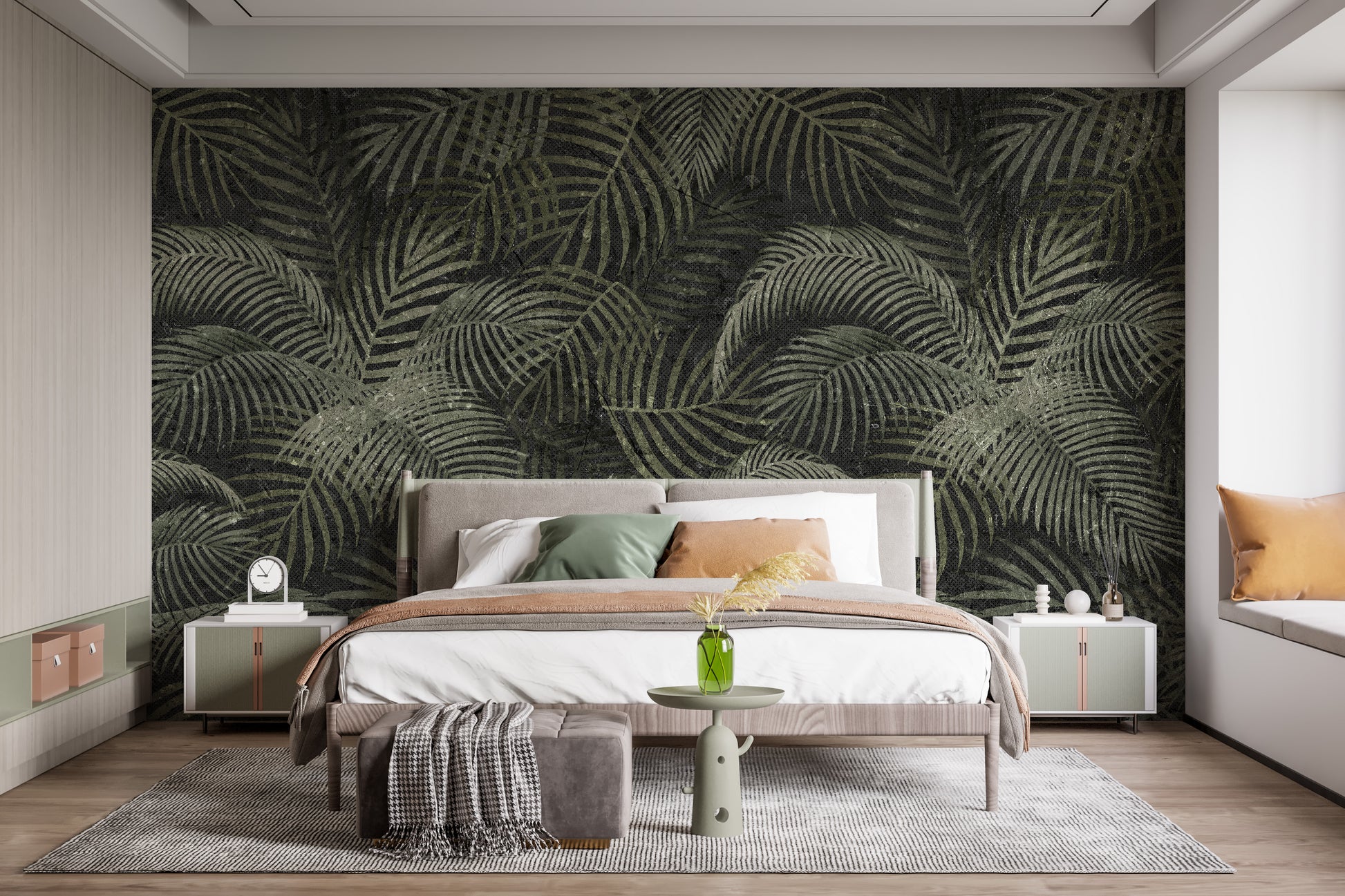 Green Rustic Tropical Palms wallpaper mural styled as a feature wall behind a dining table and chairs in green tones