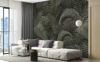 Green Rustic Tropical Palms wallpaper mural as a bedroom feature wall behind the headboard in green tones