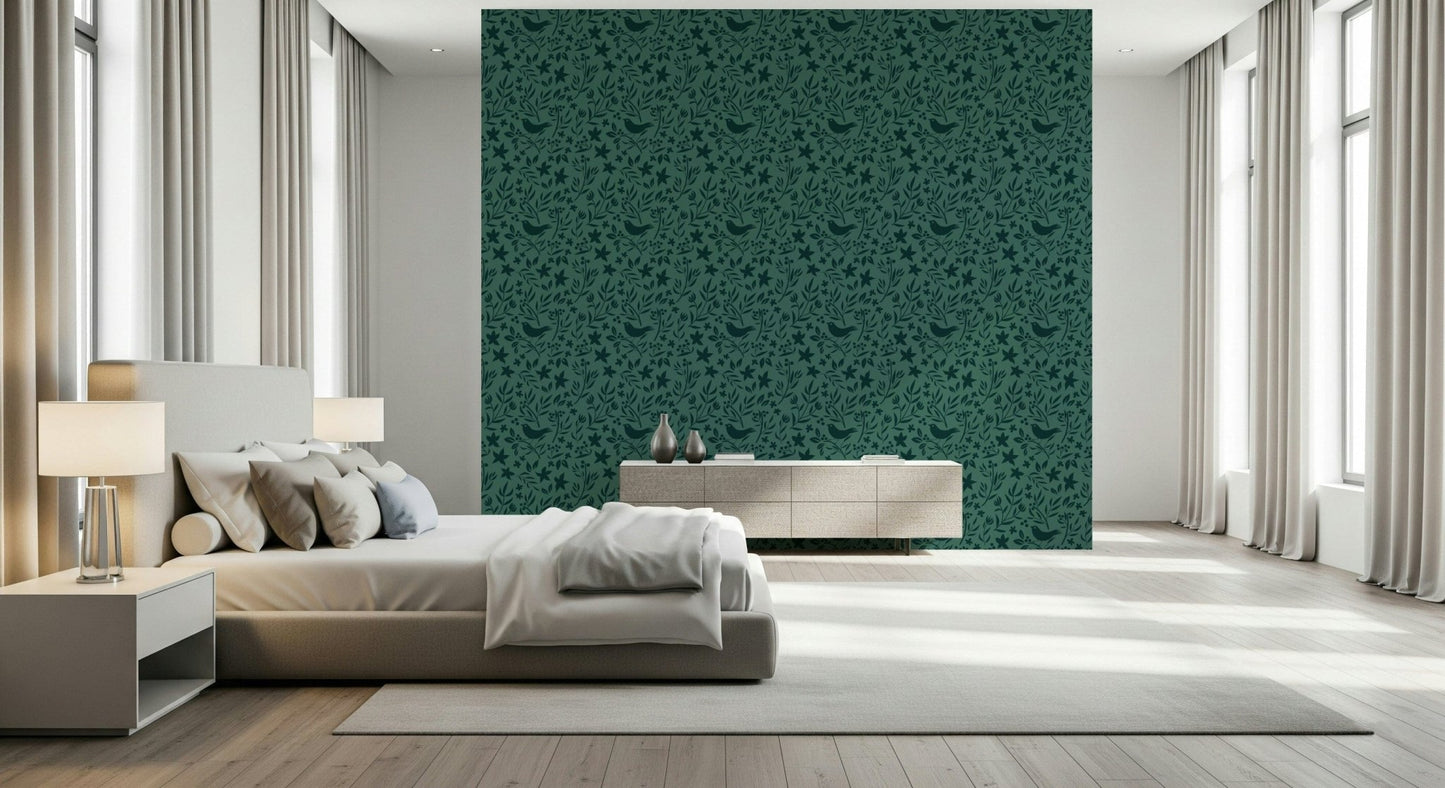 Monochromatic green wallpaper for walls featuring scandi birds.