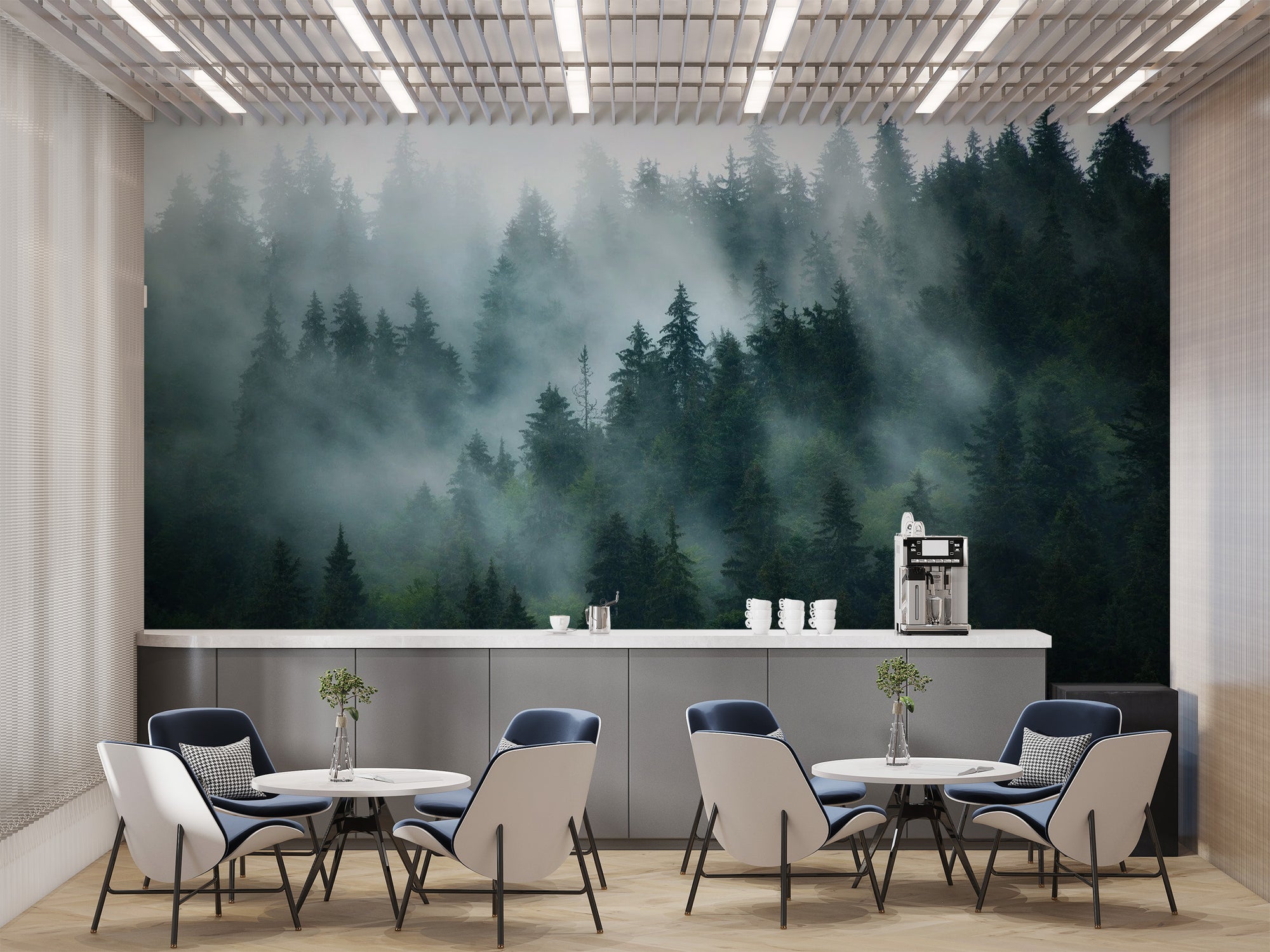 Green Tree Foggy Forest Jungle wallpaper mural shown as a full feature wall that highlights the design