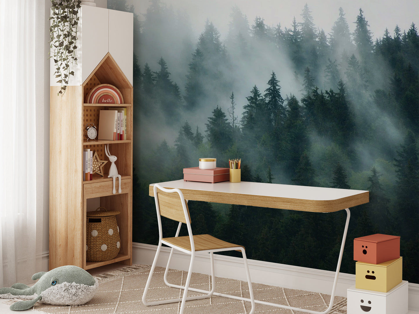 Removable green tree jungle foggy wallpaper