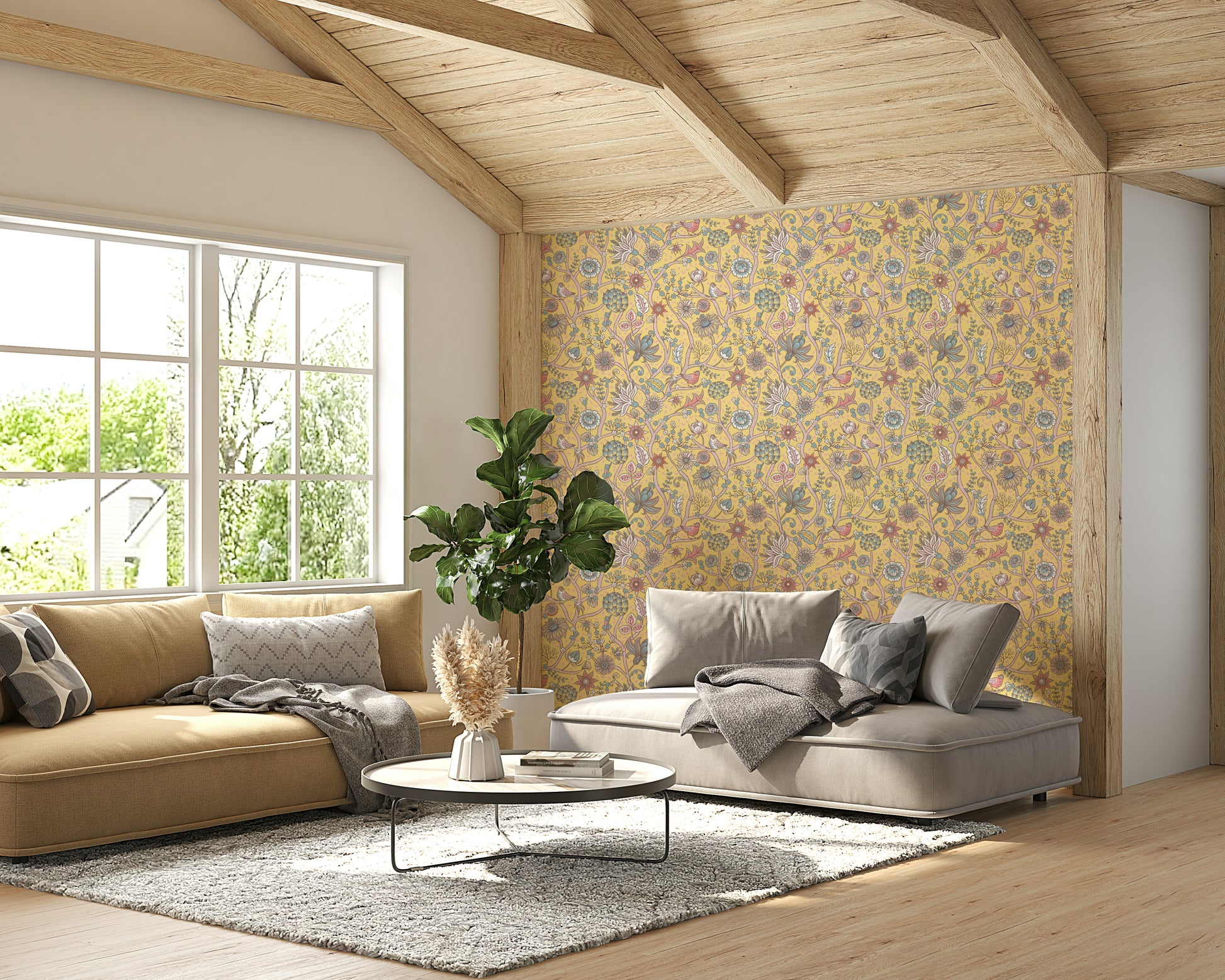 Spiritual green tree wallpaper on yellow

