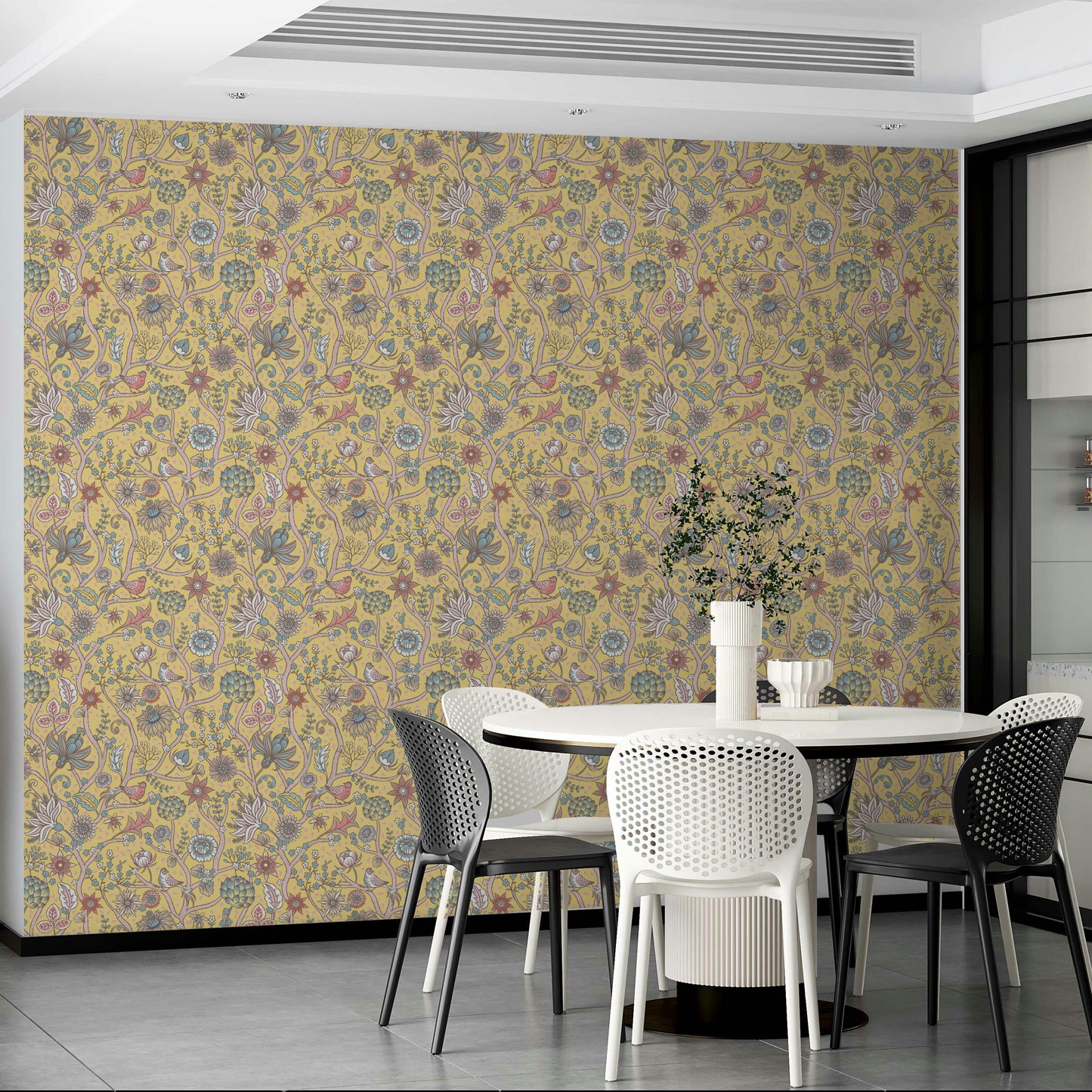 Vibrant yellow wallpaper with green tree motif


