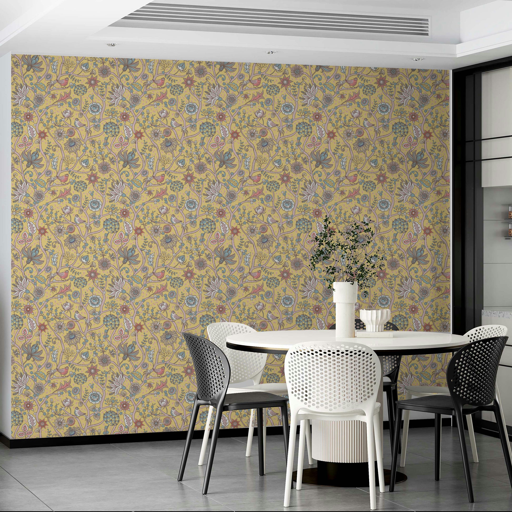 Vibrant yellow wallpaper with green tree motif

